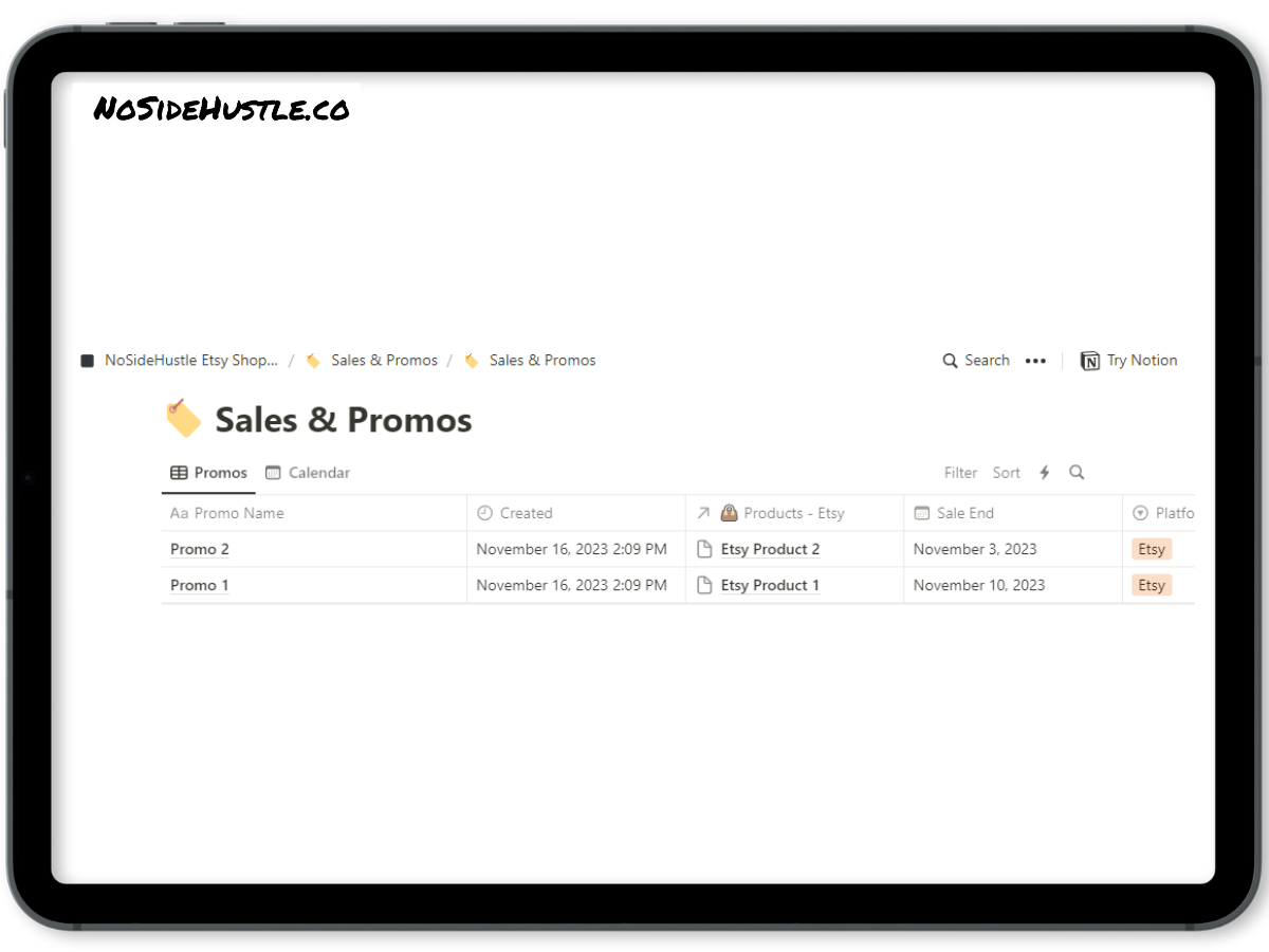 NoSideHustle Etsy Shop Manager Premium Notion Template