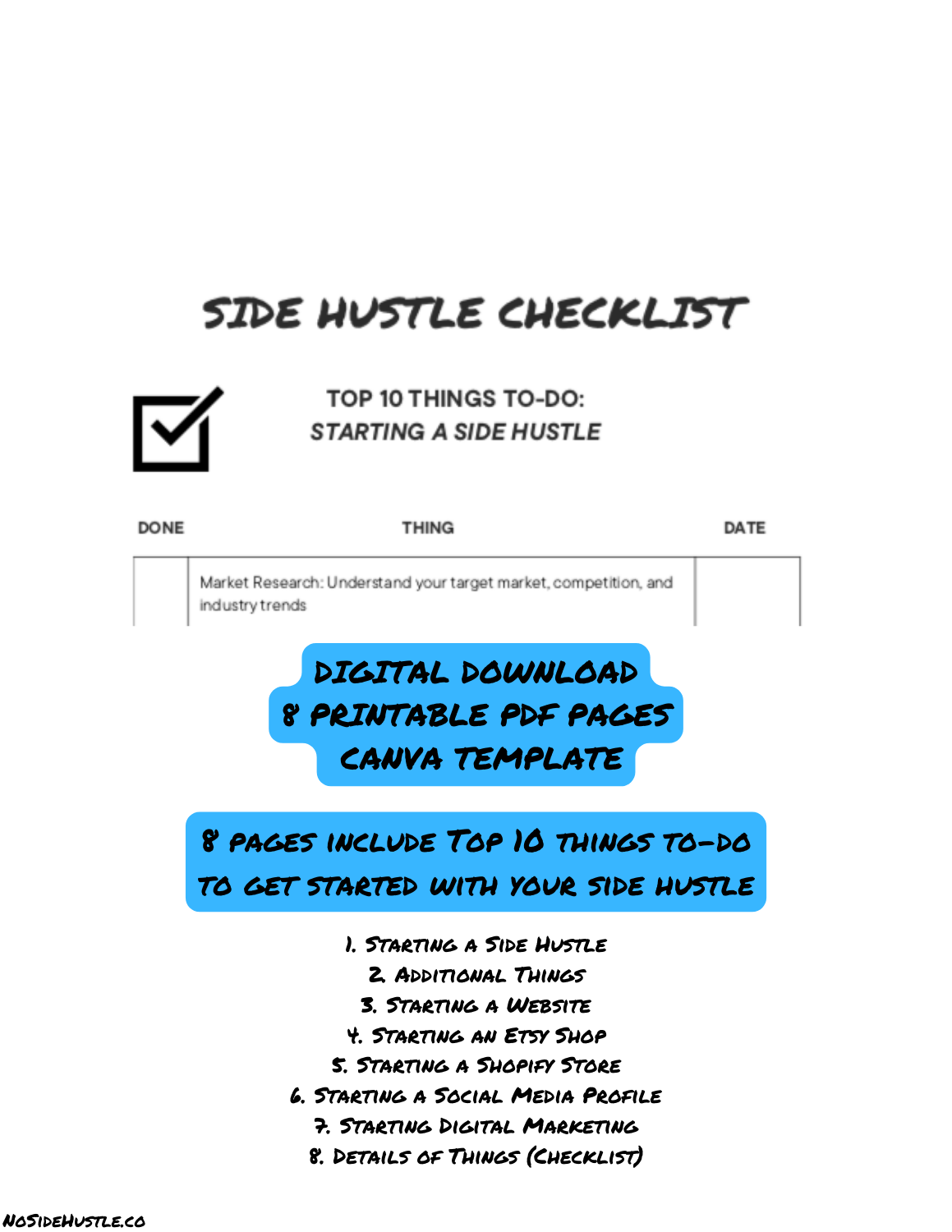 Side Hustle Checklist - Top 10 Things To-Do When Starting a Side Hustle - Planner, Digital, Canva Template